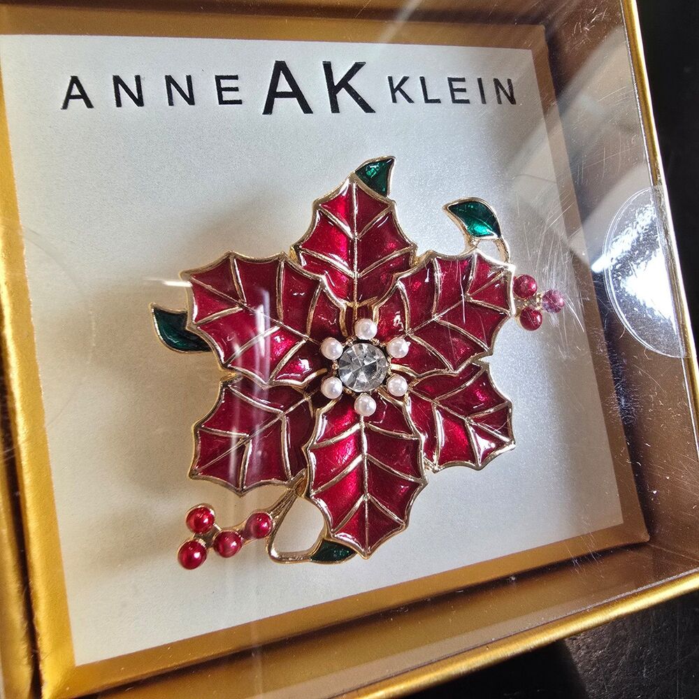 Anne Klein Poinsettia Brooch vibrant red and green enamel w/rhinestone cente